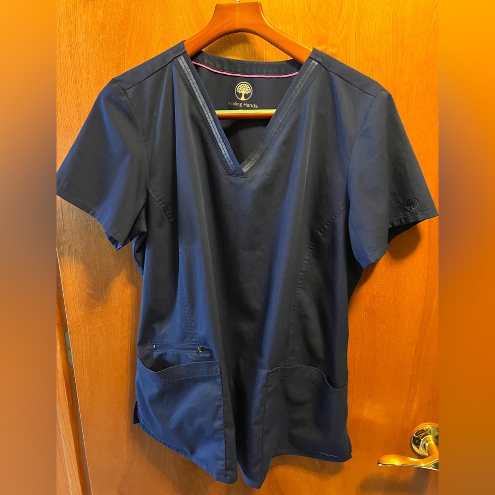 Healing Hands Navy Scrub Top with Pink Trim